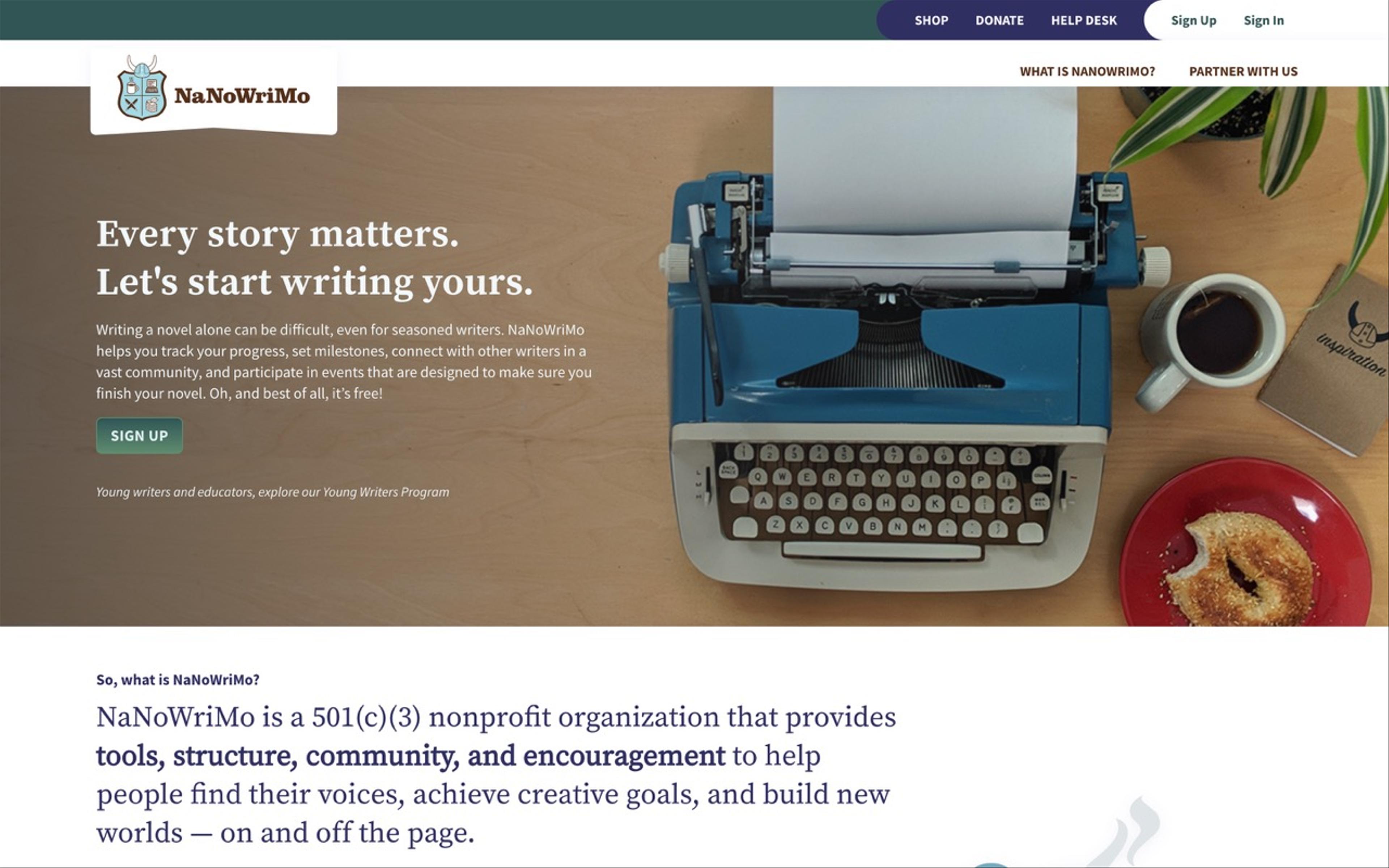 Screenshot of NaNoWriMo's website at the end of 2020